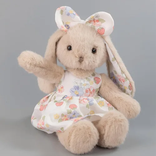 Miniatura 6 de Conejito de peluche de 14 pulgadas, conejo beige con vestido floral de fresa y lazo, regalo de conejo de Pascua suave para niñas, decoración