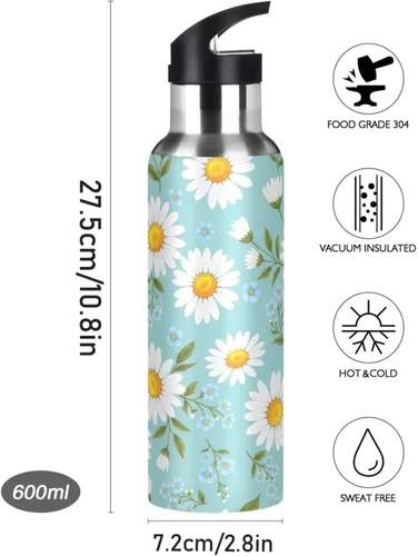 Miniatura 9 de Stainless Steel Water Bottle 20 Oz, BPA-Free Sports Water Bottle with Straw for Gym Outdoor Travel School, Daisies Yellow Blue Flowers