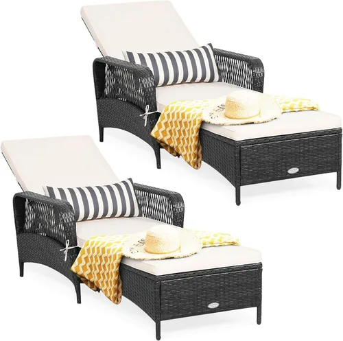 Miniatura 16 de HAPPYGRILL Sillón reclinable de ratán de polietileno para exteriores, tumbona para patio con almohada de cintura extra, silla reclinable con 6 Marrón