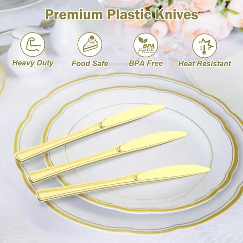 Miniatura 3 de Dealusy 100 unidades de cuchillos de plástico dorados resistentes desechables, libres de BPA, resistentes al calor, cuchillos desechables
