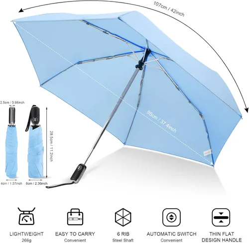Miniatura 38 de LEAGERA Paraguas de viaje compacto para bolso, mango plano, impermeable para lluvia ligera