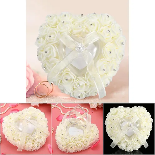 Miniatura 7 de GOTOTOP Almohada de boda, romántica de encaje de cristal rosa de boda en forma de corazón, cojín con cinta perla ceremonia de boda (blanco lechoso)