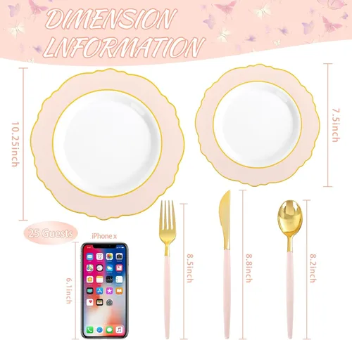 Miniatura 9 de WDF 30Guest - Platos de plástico rosa y cubiertos de plástico dorado con mango rosa, barroco rosa y dorado para bodas y fiestas de lujo, día