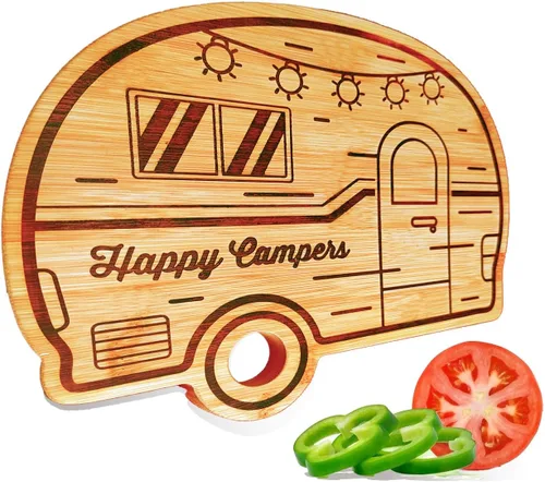 Miniatura 9 de Tabla de cortar para autocaravana, campamento, retro, Happy Camper, tabla de cortar de madera de bambú, bandeja de servir perfecta y divertida