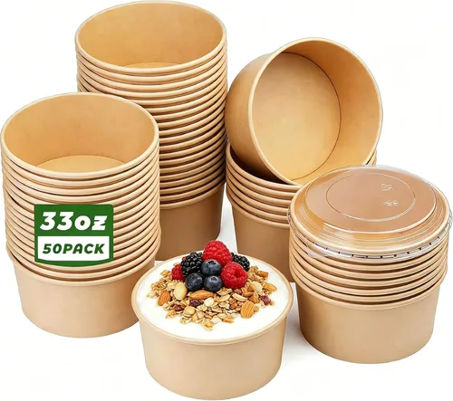 Paquete de 50 recipientes de alimentos desechables de 33 onzas, cuencos redondos de papel kraft desechables con tapas para ensalada dietética,