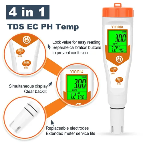 Miniatura 4 de Probador de pH hidropónico EC, pantalla simultánea pH ppm para agua de depósito base, monitoreo continuo de temperatura de conductividad de pH. ppm