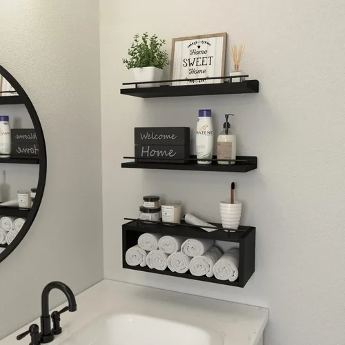 Miniatura 6 de WOPITUES Estantes flotantes para pared con estante de cubo, estantes de pared con riel de metal para decoración de baño, organizadores