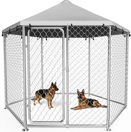 Perrera grande de 6.8 x 6.8 pies para exteriores, caja de acero galvanizado con techo impermeable resistente a los rayos UV, puerta con cerradura,
