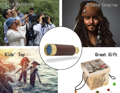 Miniatura 8 de Telescopio pirata retro 25x30 Spyglass portátil plegable telescopio de mano zoom vintage monocular colección clásica brújula para camping, caza