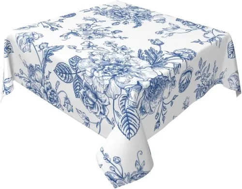 BETGINY - Mantel cuadrado floral azul de 54 x 54 pulgadas, mantel decorativo de estilo chinoiserie con flores, tela rústica lavable para granja,