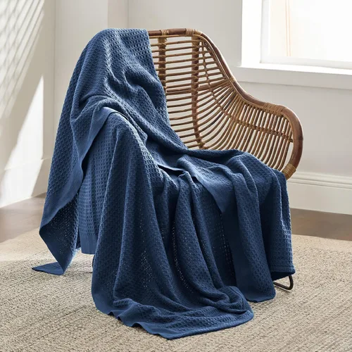 Miniatura 3 de Bedsure - Mantas decorativas 100 % algodón para sofá, tejidas con punto gofre de 405 GSM, suaves y livianas, para todas las estaciones, color azul