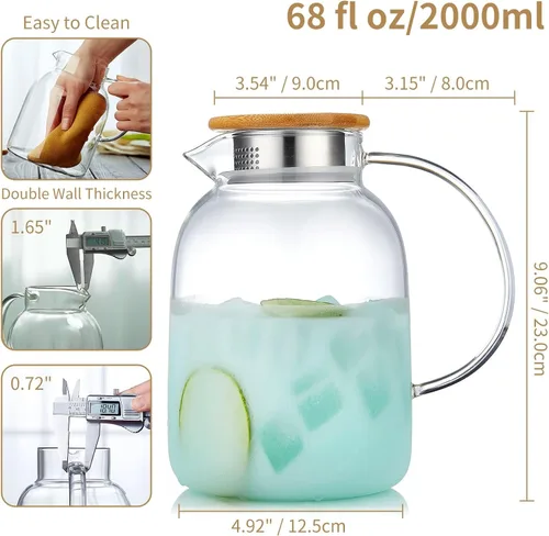 Miniatura 4 de Unbreakable - Jarra de vidrio con asa y tapa, tarro de vidrio de 68 onzas líquidas con tapa, resistente al calor, jarra de borosilicato para té