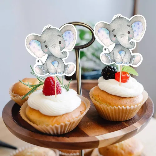 Miniatura 6 de 24 piezas de decoración de cupcakes de elefante azul para decoración de cupcakes con temática de elefante, baby shower, niños, niños o niñas