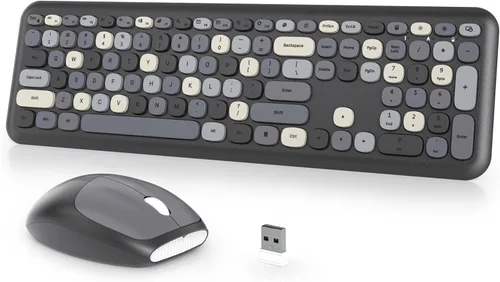 Combo de teclado y mouse inalámbricos para máquina de escribir, 2.4G Office 104 teclas de tamaño completo, retro punk, lindo negro con teclas