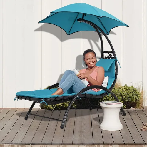 Miniatura 2 de Silla de descanso, silla de patio, hamaca columpio, silla reclinable, soporte de arco con toldo impermeable, cojín extraíble y reposacabezas
