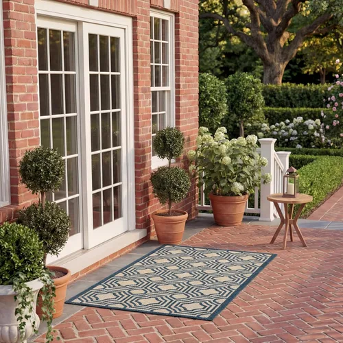 Miniatura 9 de SAFAVIEH Alfombra lavable para exteriores, colección Patio de 2.3 x 6.7 pies, beige y azul marino, no desprende pelusa y es fácil de limpiar, ideal