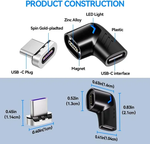Miniatura 6 de Adaptador magnético USB C Ángel derecho + USB magnético tipo C recto 5 pines, compatible con PD 120 W carga rápida, transferencia de datos de 480