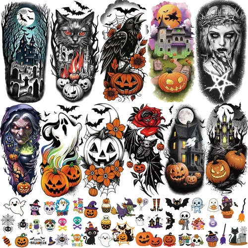 Miniatura 15 de Yazhiji 32 hojas de pegatinas de tatuajes temporales, 8 hojas de tatuajes falsos corporales para brazo, pecho y hombro para hombres y mujeres con 24
