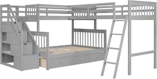 Miniatura 3 de Merax Litera con un loft adjunto, estructura de cama triple con cajones, barandillas y escaleras, plataforma gris, en forma de L, individual sobre