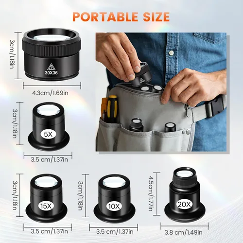Miniatura 2 de Juego de 5 lupas de joyero, lupa portátil con lente de vidrio de 5 x 10 x 15 x 0.787 x 1.181 x 1.417 in, mini lupa monocular para inspección