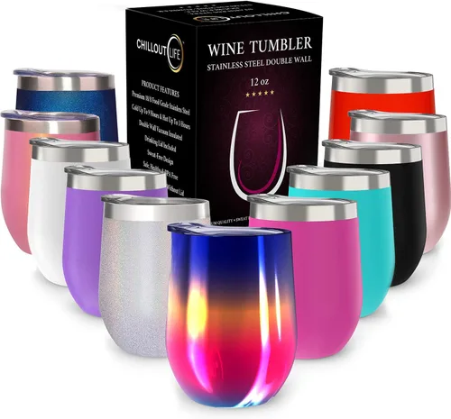 Miniatura 66 de CHILLOUT LIFE Vasos Térmicos de Vino de Acero Inoxidable de 12 oz Paquete de 2 - Vasos de Vino con Aislamiento al Vacío de Doble Pared con Tapas