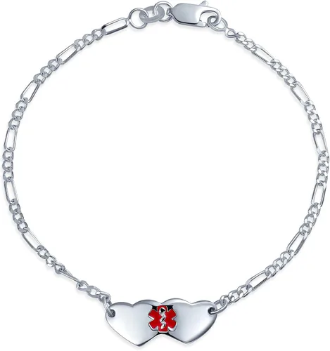Miniatura 2 de Pulsera de identificación de alerta médica grabable con doble forma de corazón en blanco para mujeres y adolescentes, de plata de ley 925, muñeca
