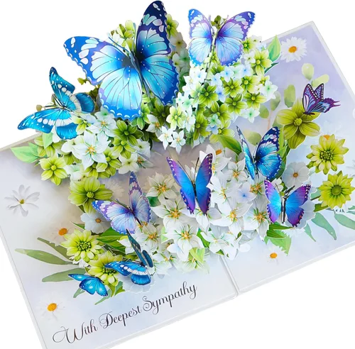 Flores con Mariposas Tarjetas Pop Up de Simpatía con Sobres, Tarjeta de Lo Sentimos por Tu Pérdida, Simpatía Religiosa Pop Up para la Pérdida de un