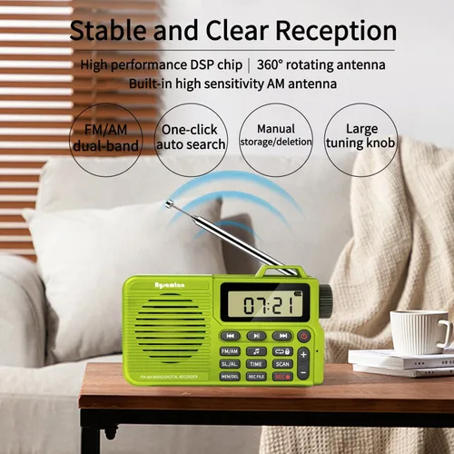 Miniatura 5 de Radio AM/FM portátil, grabadora de radio digital, altavoz Bluetooth 5.0, función de alarma y sueño, pantalla de hora de 12/24 horas (amarillo verde)