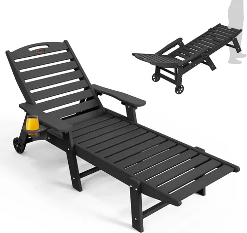 Miniatura 14 de Ciokea Silla de Descanso para Exteriores, Tumbona de Gran Tamaño con 5 Posiciones, HDPE, Silla de Descanso de Patio con Ruedas y Portavasos para Gris