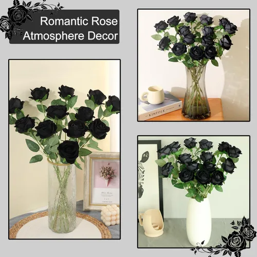 Miniatura 3 de 12 rosas artificiales de terciopelo sintético para decoración del hogar y boda (rosa perla, negro)