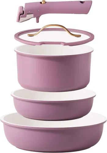 CAROTE Juego de 5 piezas de ollas y sartenes, juego de ollas y sartenes antiadherentes con mango desmontable, artículos esenciales de cocina, olla y