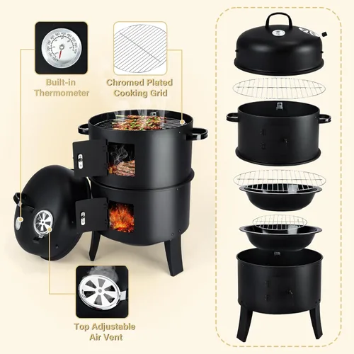 Miniatura 2 de Parrilla vertical para ahumar carbón de 32 pulgadas, parrilla de barbacoa resistente con termómetro integrado, parrilla 3 en 1 y ahumador, olla