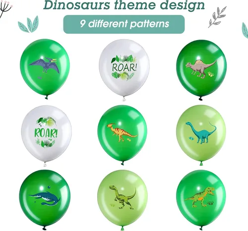 Miniatura 3 de Zomiboo 36 globos de dinosaurio de 12 pulgadas con estampado de dinosaurios para fiestas de cumpleaños de niños, látex de dinosaurio verde y blanco