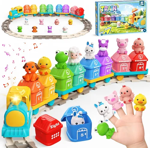 Miniatura 8 de Juguetes de aprendizaje para niños de 1, 2, 3 años, juego de tren de granja eléctrico para niñas de 2 a 4 años, juguete de tren Montessori para Azul