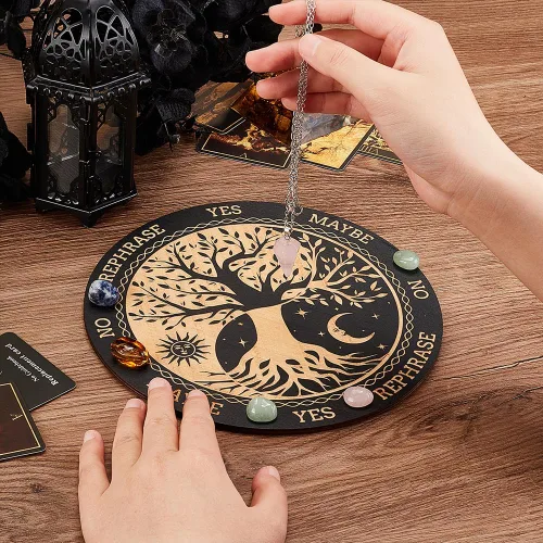 Miniatura 7 de INFUNLY Tablero de péndulo de bruja árbol de la vida, tablero redondo de adivinación de madera de 7.9 pulgadas, tablero de mensajes metafísicos