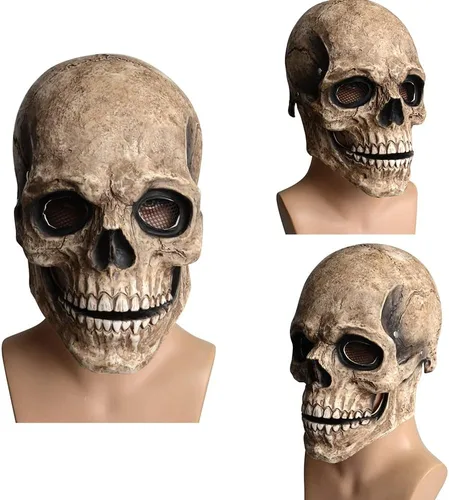 Miniatura 7 de Máscara de calavera con mandíbula móvil, máscara de calavera humana con mandíbula móvil, espeluznante casco de látex realista para Halloween gris