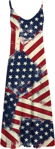 Miniatura 5 de Ceboyel Vestido largo sexy para mujer, para el 4 de julio, vestido largo y sexy, con bandera americana, sin mangas, vestidos casuales patrióticos