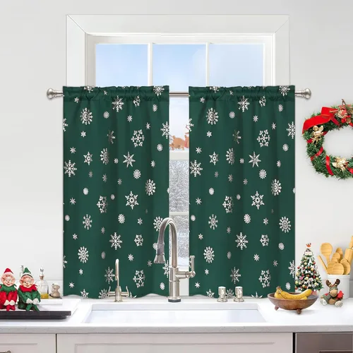 Miniatura 15 de FRAMICS Cortinas de Navidad con estampado de copos de nieve dorados en papel de aluminio, cortinas opacas con aislamiento térmico para sala de estar