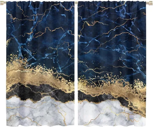 Miniatura 80 de Cortinas abstractas de mármol de lujo de lujo azul marino dorado a rayas con patrón de mármol estampado para dormitorio, sala de estar, cortinas