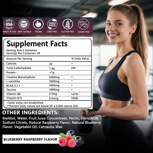 Miniatura 2 de Gomitas de monohidrato de creatina de 5000 mg para hombres y mujeres, gomita de creatina con taurina BCAA para apoyo energético y fuerza muscular