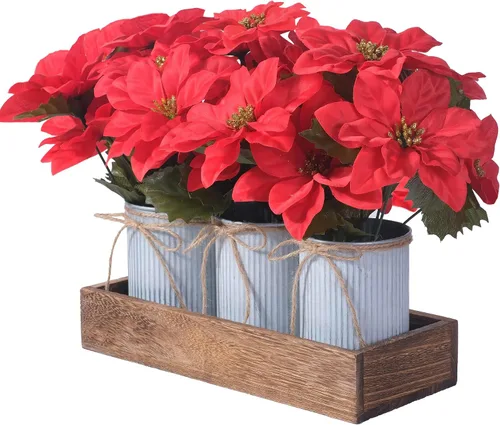 Flores de Pascua Artificiales Decoraciones Navideñas – Paquete de 3 Flores de Pascua Rojas en Macetas de Metal Galvanizado con Caja de Madera,