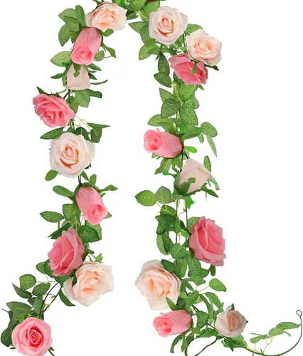 Miniatura 13 de GREENTIME - Guirnalda de flores artificiales 2 unidades, 4 metros de vid de rosas falsas, 9 cabezas de rosas, para arco de boda, centro de mesa