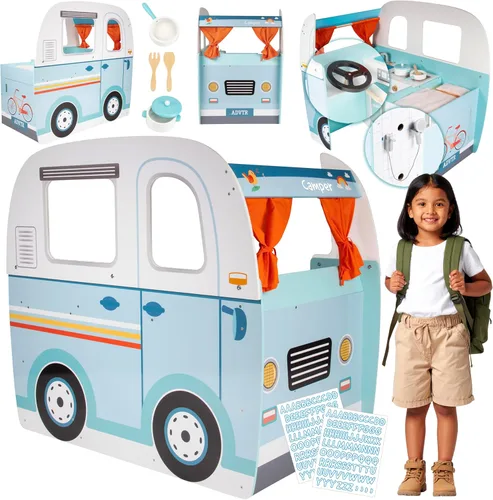 Juguete de Furgoneta Camper de Madera Conjunto de Juego con Volante, Cocina, Estufa, Horno, Cama, Almohada, Ducha de Juguete, Cortinas, Calcomanías