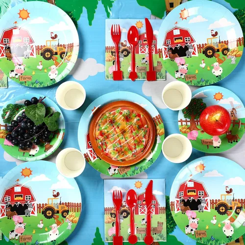 Miniatura 5 de Pajean 171 Piezas Decoraciones de Cumpleaños de Granja Suministros para Fiesta Temática de Animales de Feliz Cumpleaños para 24 Invitados Platos