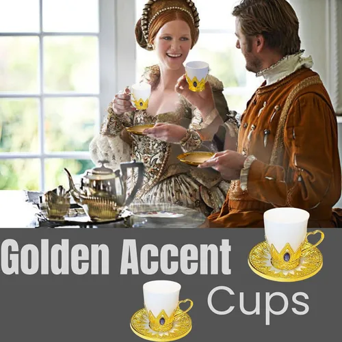 Miniatura 9 de Chandler Juego de tazas de café de porcelana blanca con acento acrílico dorado y gema azul, 6 tazas y 6 platillos, caja de regalo incluida (redonda)