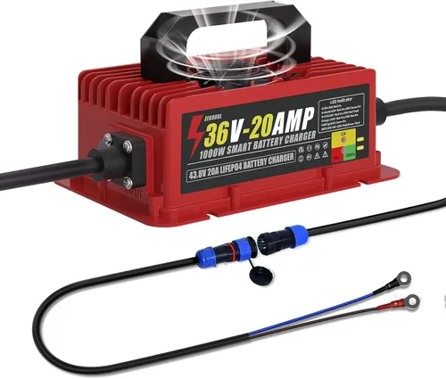 Cargador de batería de litio de 36 V 1000 W 20 A para LiFePO4, impermeable IP67 con ventilador de refrigeración y cable de 16 pies, para carrito de