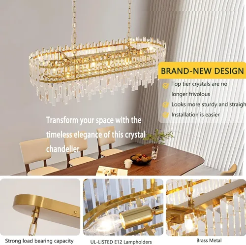 Miniatura 2 de L37.4 '' Candelabros de cristal modernos para comedor 11 luces de lujo rectangular de lujo dorado ovalado cristal colgante lámpara de techo