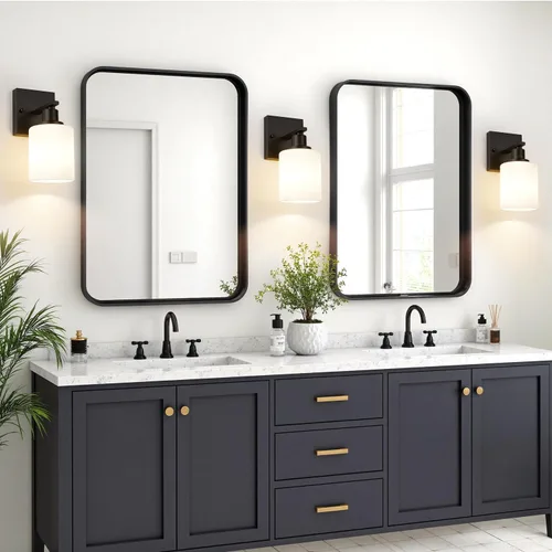 Miniatura 6 de MOKATNG Juego de 2 apliques de pared para baño, luces de tocador modernas negras con pantalla de vidrio blanco, lámpara de pared de baño
