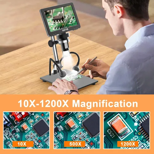Miniatura 5 de Microscopio digital HDMI de 7 pulgadas, microscopio de moneda 1200X con pantalla IPS, microscopio de soldadura de 16MP con luces, soporte largo