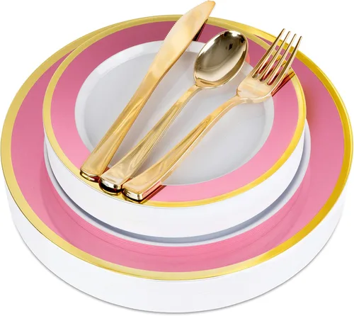 Miniatura 9 de Platos de plástico elegantes desechables de 125 piezas en blanco, azul y dorado con cubiertos, vajilla elegante para bodas, fiestas navideñas, juego